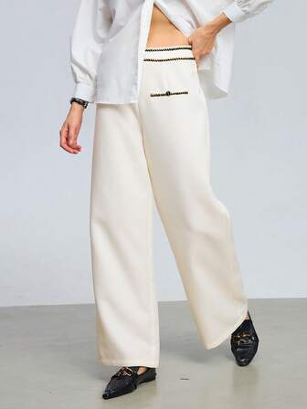 Damer i enfärgad kontrastkant lös pendlarstil Byxor med vida ben, Casual Patchwork Elastiskt band Eleganta utsvängda byxor, klänningsbyxor, falsk ficka, vår