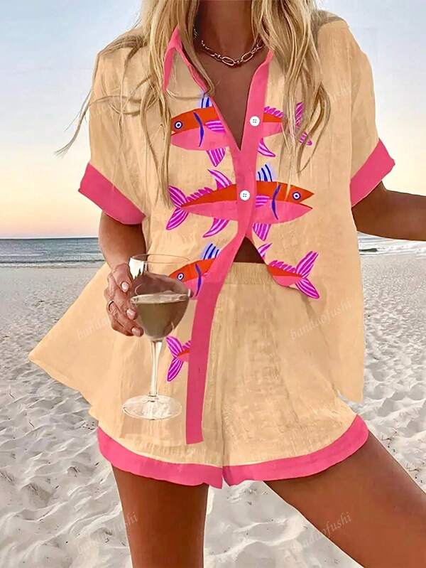 Women Casual Loose Short Sleeve Shirt And Wide Leg Shorts Set, Suitable For Vacation