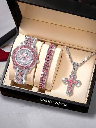 1 Set Women's Quartz Watch & Jewelry Set, Fashionable & Charming, Pink Round Dial Watch With Rhinestone Bracelet And Necklace, Suitable For Daily Wear, Birthday Gift, Party, Holiday Gathering, Ideal Gift For Yourself Or Friends. No Packaging Box Included.