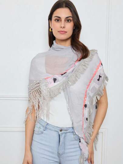 Leopard Print Splice Tassel Decorated Fashionable Shawl, Suitable For Daily Wear