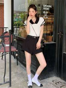 女士可爱优雅返校新款短袖针织毛衣，拼色马球领短款上衣