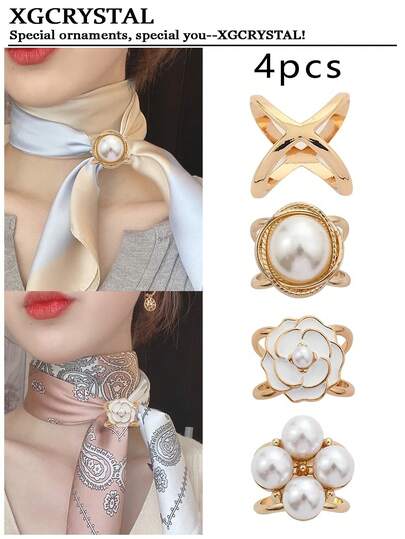 4 أوشحة لؤلؤية، إبزيم وأبرة وشاح حريري، أزرار تزيين جميلة وأنيقة على شكل الكاميليا للأوشحة، مناسبة لتزيين أذيال القمصان والأحزمة والأوشحة المربوطة وغيرها