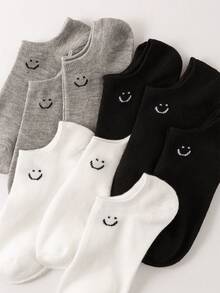 1/5/10/20 Pairs Packs Children Spring/Summer Socks, Solid Color Thin Breathable Ankle Socks With Face Pattern, Classic Black/White/Gray Series, Fashion , Skin-Friendly Soft & Versatile, Suitable For Daily Life, Holiday Gifts, Back To School Outfit, Random Color & Style Sent - Multicolor - View 3