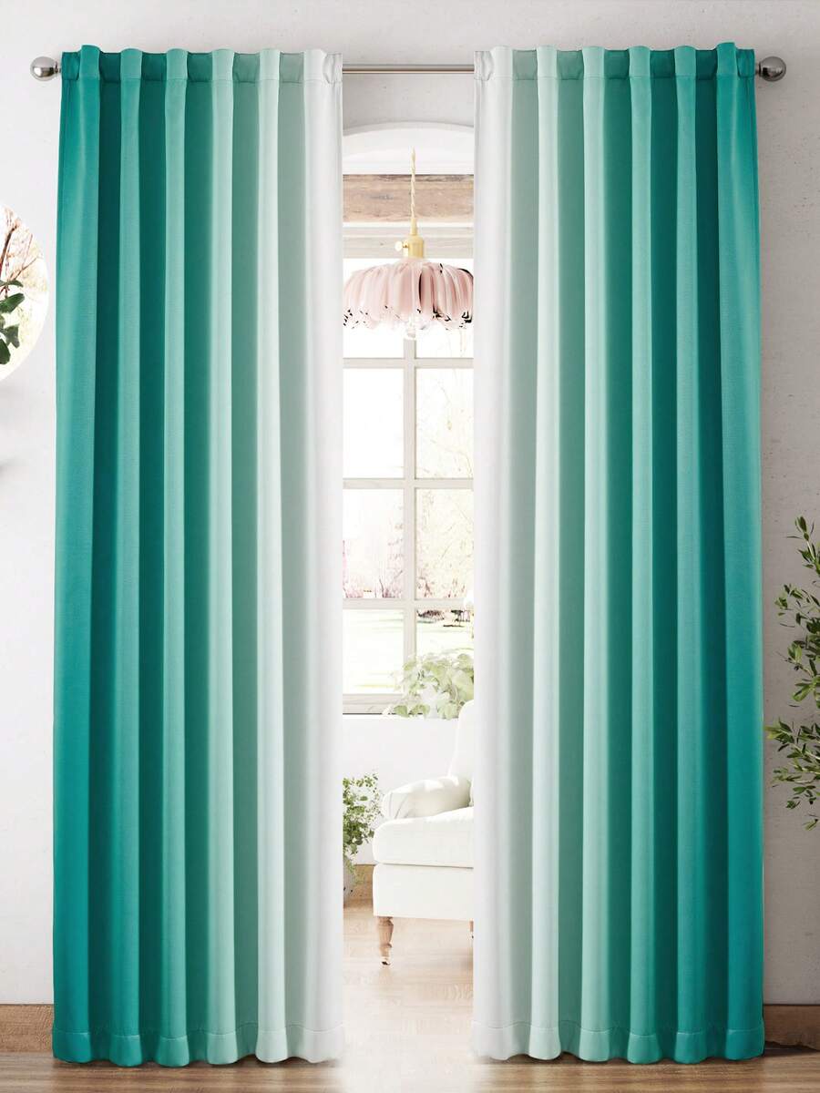 2 Pcs Solid Color Gradient Vertical Stripe Blackout Curtain Blackout Curtains With Coating Insulating Lining, Perfect For Living Room, Bedroom, Kitchen, Bathroom, Home Decoration, Room Decor - màu xanh da trời - Xem 1