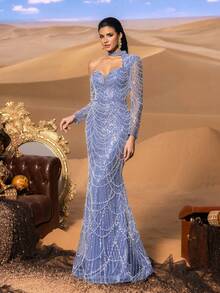 Faeriesty Hochglanz glamouröses paillettenbesetztes Meerjungfrauenkleid mit Choker-Ausschnitt und transparenten Ärmeln - anliegende Silhouette und bodenlanger Schleppe für Abendgalas und luxuriöse Hochzeiten - Blau - Übersicht 7