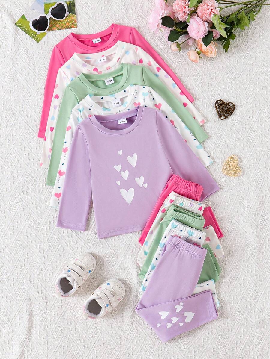 10pcs/Set Baby Girls Casual Long Sleeve T-Shirt And Pants, Cute Sweet Heart & Letter Printed Stretchy Pullover Top And Trousers Set, Suitable As Underclothes Or Standalone Wear For Baby Girl In Spring/Autumn