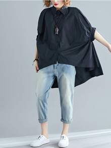 优雅半袖蝙蝠袖女式衬衫，前短后长下摆，纽扣前襟 - 黑色 - 查看 3