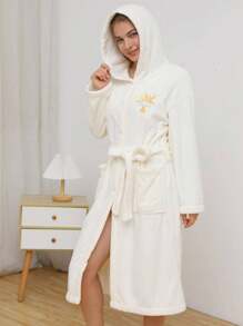 1pc Coral Velvet Hooded Bathrobe, Striped Loungewear