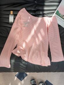 街头风格圣诞节春夏女士性感不对称肩部条纹蝴蝶结长袖开衩修身针织上衣 - 淺粉色 - 查看 5