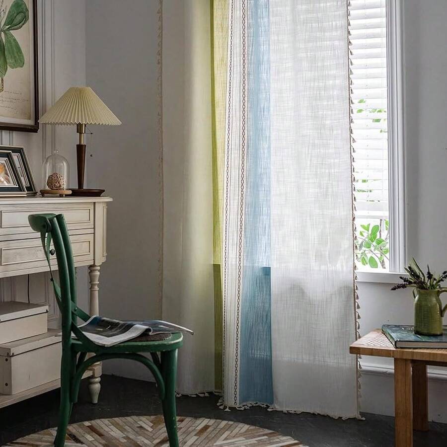 Boho Curtains 84 Inches Long Bedroom, Taupe Cotton Linen White Stripes Embroidery, Chic Hollow Geometric, Semi Blackout Window Vintage Drape With Tassels, 1 Panel W52 X L84, Fashionable Home Decor - 綠色 - 查看 1