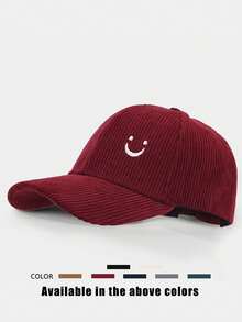 1 Pc Embroidered Smiling Face Corduroy Baseball Cap, Adjustable Outdoor Sun Hat, Suitable For Spring, Autumn, Travel, Beach, Y2K Style Youth