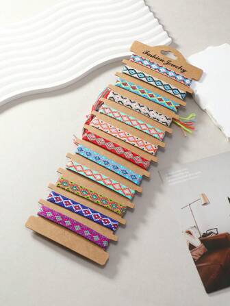 12pcs/Set Bohemian Style Friendship Bracelets, Machine Knitted + Handmade Woven, Vintage Handcraft Bracelets, Perfect For Beach Holiday