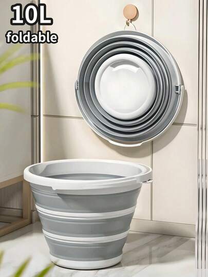 1pc Collapsible Plastic Bucket With Handle, Foldable Round Tray For House Cleaning And Car Washing, Compact Water Bottle For Garden Or Camping, Portable Bucket For Fishing, Bathroom Cleaning Supplies, 10L, Grey And White, Household Cleaning And Personal Care, Shower, Bathroom, Toilet