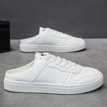 Summer Slip-On Shoes For Men, Solid Color Casual PU Leather Lace-Up Sneakers, Office & Outdoor, All Season - White - View 1