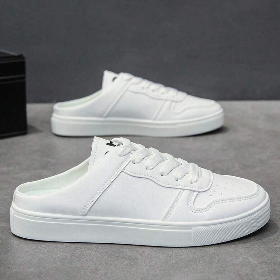Summer Slip-On Shoes For Men, Solid Color Casual PU Leather Lace-Up Sneakers, Office & Outdoor, All Season - White - View 1