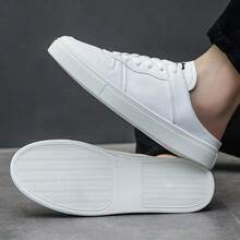 Summer Slip-On Shoes For Men, Solid Color Casual PU Leather Lace-Up Sneakers, Office & Outdoor, All Season - White - View 6