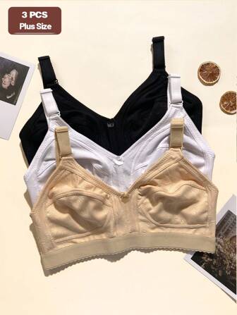 3pcs Flower Print Casual & Comfortable Simple Casual -Leisure -Regularly Knitted Sports Bra For Plus Size Women