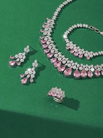 5pcs Luxury Jewelry Set: Necklace, Earrings, Ring, Bracelet, Encrusted With Pink Zirconia Stones, Elegant Middle Eastern Style, Suitable For Parties, Weddings, Gifts For Girlfriend