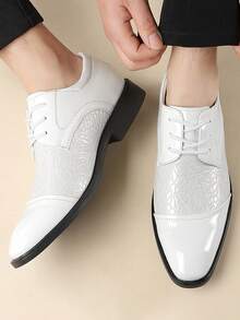 Men's White Embossed Formal Dress Leather Shoes, Patent Leather British Style Groom Wedding Shoes, Lace-Up Office Commute Formal Shoes - White - View 4