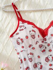 Sanrio 1 pieza Pijama sexy con estampado digital de Hello Kitty con fresas, con cuello en V, encaje de contraste, abertura lateral, ribete de lechuga, malla transparente y espalda descubierta, para mujer, en colores rojo y blanco contrastantes
