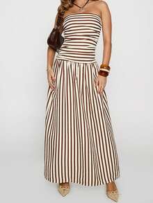 Women Elegant Tube Long Dress Ruched Dress Boat Neck Dress Backless Dress Sleeveless Dress Strapless Dress Flowy Dresses Off Shoulder Dress - Yellow - View 4