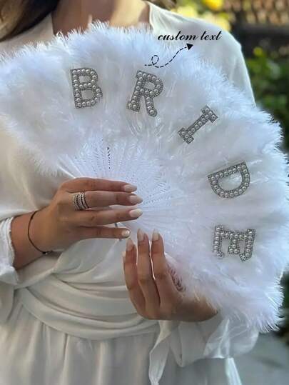 Abanico de plumas decorado con perlas, elegante y a medida - No plegable, para que las novias lo sostengan en la boda y como decoración para despedidas de soltero