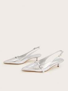 Women's Metal Buckle Pointed Toe High Heel Pumps, Spring/Summer - Silver - View 4