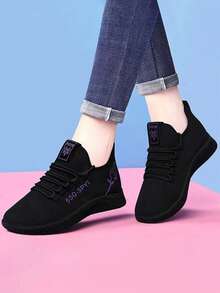 Las mujeres de malla transpirable Impreso Patrón Casual Zapatillas de deporte, tenis de mujer, zapatos de mujer, suela blanda cómoda resistente al desgaste suela ligera, Moda Ronda Toe Pareja plana Zapatillas de deporte, Adecuado para el uso diario, viajar, deportes. - Morado - Ver 1