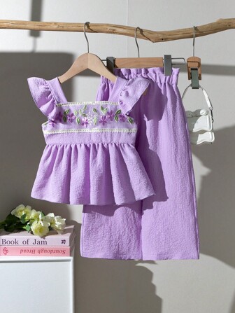 BASUSARRI 2pcs/Set Girls Ruffled Vest Top With 3D Jacquard Mesh Pants, Elegant Chinese Style Outfit For Summer