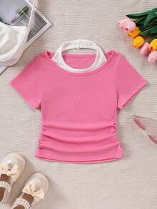 女童夏季甜美清凉露背褶饰修身高腰休闲T恤 - 粉色 - 查看 1