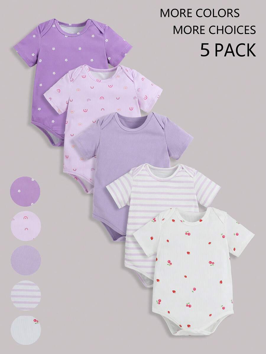 Conjunto de 5 piezas de bodys casuales y suaves con diseño de triángulo para bebés niñas, para primavera/verano - Morado - Ver 1