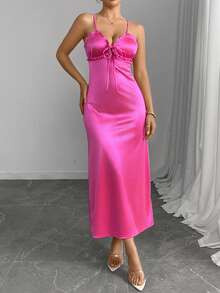 女士优雅时尚吊带长裙 - 玫紅色 - 查看 3