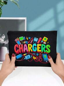 This Multi-Color Convenient Digital Storage Bag Is Printed With The Fun Letter "Charge" And Cartoon Charger, Socket, And Cable Patterns. Made Of Polyester Fabric, It Is Soft And Foldable, With A Zipper To Prevent Items From Falling Out. It Can Also Be Used To Store Data Cables. - Multicolor - View 5