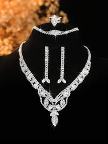 5pcs/Set Cubic Zirconia Geometric Jewelry Set With Necklace, Earrings, Bracelet And Ring, Suitable For Women's Daily Commute, Wedding Party And Holiday Gift - Exquisite All-match Necklace Set - View 2