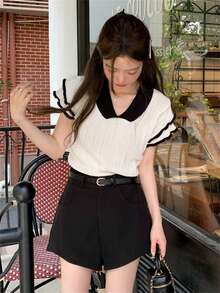 女士可爱优雅返校新款短袖针织毛衣，拼色马球领短款上衣