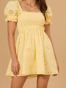 Women's Short Puff Sleeve Mini Dress Eyelet Shirred Bust Square Neck A-Line Dress