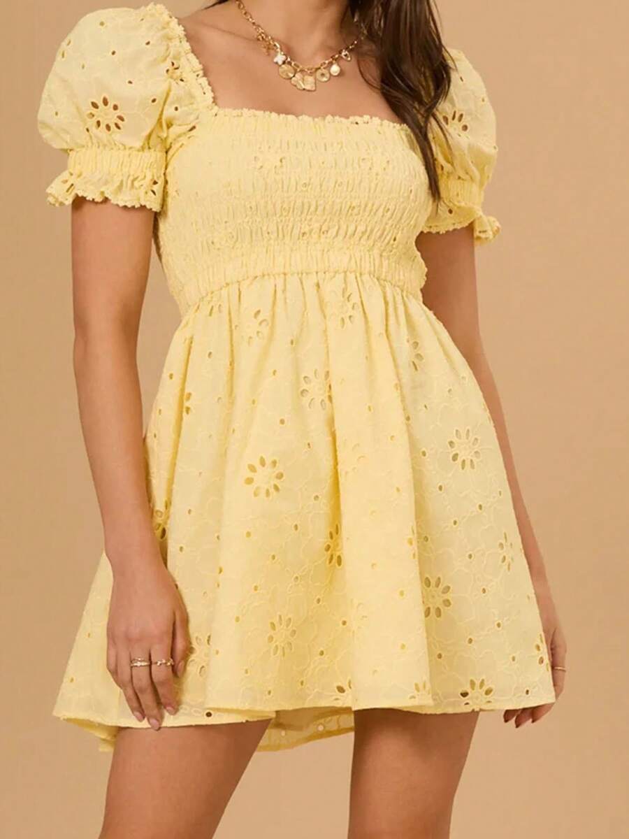 Women's Short Puff Sleeve Mini Dress Eyelet Shirred Bust Square Neck A-Line Dress