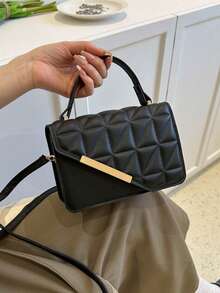 1pc Solid Color PU Leather Emboss Mini Handbag, Diamond Pattern, Fashionable And Versatile, Suitable For Party & Everyday - Black - View 3