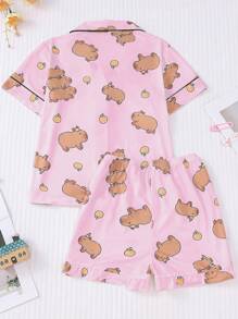 Conjunto de pijama tipo cárdigan para niños, conjunto de ropa de casa ligera de manga corta con estampado de capibara y mandarina lindo para niñas, para el verano