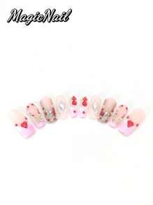 10 Pieces Of Pure Hand-Pressed Wearable Nails, Press On Nails,Nail Supplies,Nails Ptess On,Beach Essentials,33mm Square Nail Pieces, Pink And White Contrasting Colors, 3D Gold Diamond Butterfly Ornaments