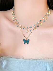 2 Pcs Retro And Simple Style Green Butterfly Double-Layer Collarbone Chain Necklace Is Suitable For Wearing In Daily Life, Parties, Vacations, Music Festivals And Other Occasions. They Can Also Be Given As Gifts To Family Members And Girlfriends - Butterfly Double Necklace - View 13