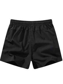 男士纯色运动短裤，带抽绳和口袋，轻便舒适，适合夏季运动和休闲穿着，黑色 - 黑色 - 查看 3