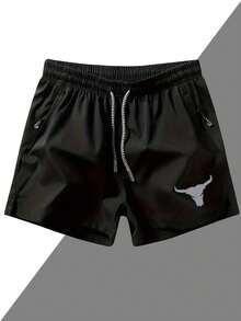 男士纯色运动短裤，带抽绳和口袋，轻便舒适，适合夏季运动和休闲穿着，黑色 - 黑色 - 查看 2