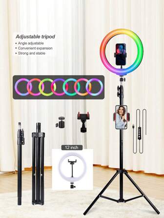 UEGOGO 12 英寸 LED 环形灯带 42 厘米延长杆，可延伸至 160 厘米，可调节三脚架，便携式照明，38 种颜色模式，可调亮度，全覆盖照明，适用于摄影、化妆、自拍、直播、Zoom 会议，适用于摄影、视频录制、直播、Zoom 会议、视频博客，带支架自拍灯手机灯