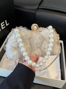 1pc New Fashion Women Clutch Handbag, Elegant Minimalist Solid Color With Rose Decor, Metal Clasp Closure, Pearl Chain, Sophisticated Design For Party, Wedding, High-End Quality