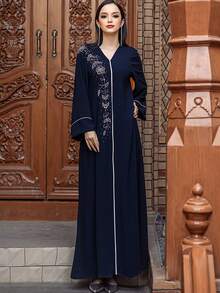 V-Neck Vintage Arabic Dress For Women, Navy Blue
