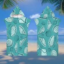 1 pieza Toalla de playa con capucha con elementos oceánicos, manta de playa de microfibra supersuave y envolvente de playa convertible, diseño de 4 botones que se puede desabrochar para convertirla en manta, súper absorbente, apta para viajes, piscina, buceo, surf, yoga, campamento, disponible en tallas para adultos y niños, de vuelta al colegio