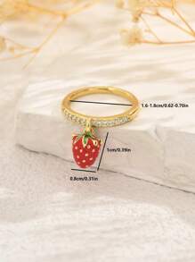 1 pieza Anillo abierto con colgante de frutas multiefecto de cobre con circonita cúbica, anillo sencillo de mujer, versátil para uso diario, trayecto, casual, regalo de vacaciones