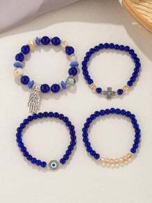 4pcs Blue Eye, Cross, Hamsa Hand Beaded Bracelet Set