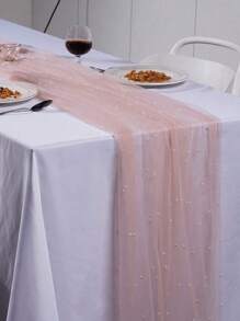 2pcs/1pc Faux Pearl Decor Table Runner, Wedding White Pearl Tulle Tablecloth, Wedding Decor Nylon Mesh Fabric, Pearl Hollow Out Mesh Fabric, Suitable For Wedding Arch Decor, Reception, Bridal Shower, Party Decor, Chair Sash, Event Backdrop
